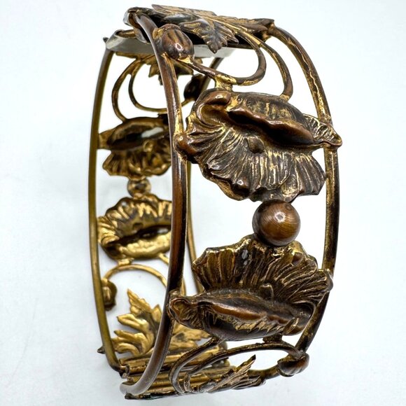 Victorian Repousse Brass Cuff Bangle With Floral Design Vintage - Picture 8 of 12